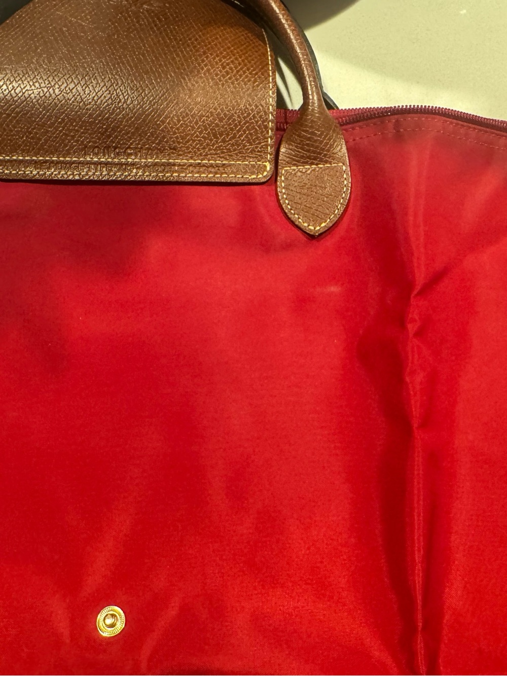 Longchamp XL Le Pliage Foldable Tote in Deep Red with Brown Leather - Picture 7 of 9